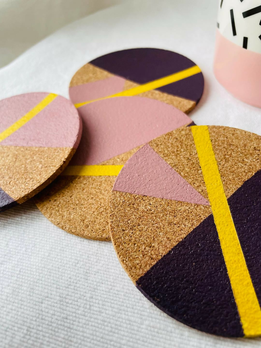 SOLD Set of 4 Cork Coasters - Hand Painted Geometric/Modern Design (Pink/Yellow/Purple)