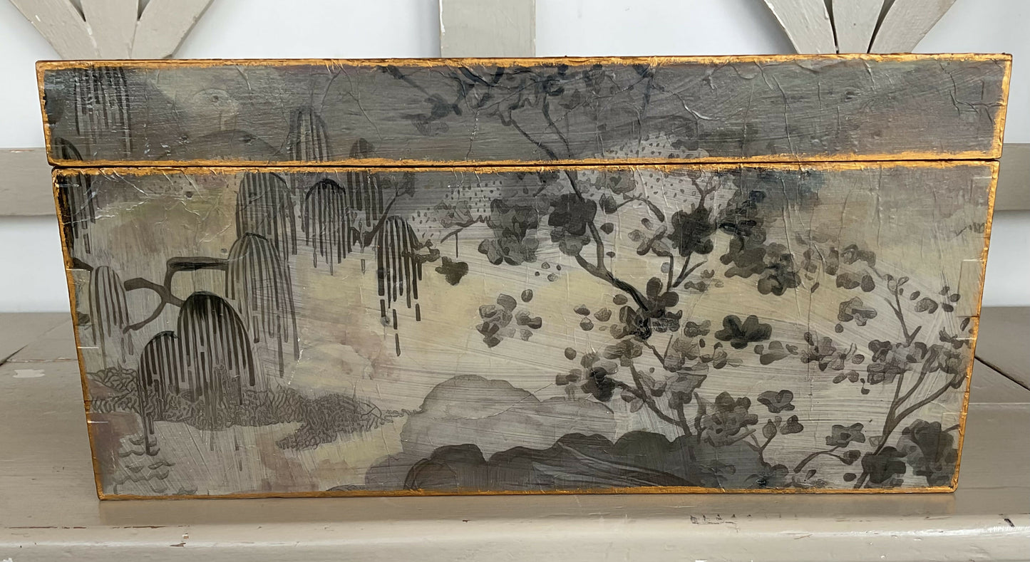 Antique Oak Chinoiserie decoupaged and hand painted large hinged Box