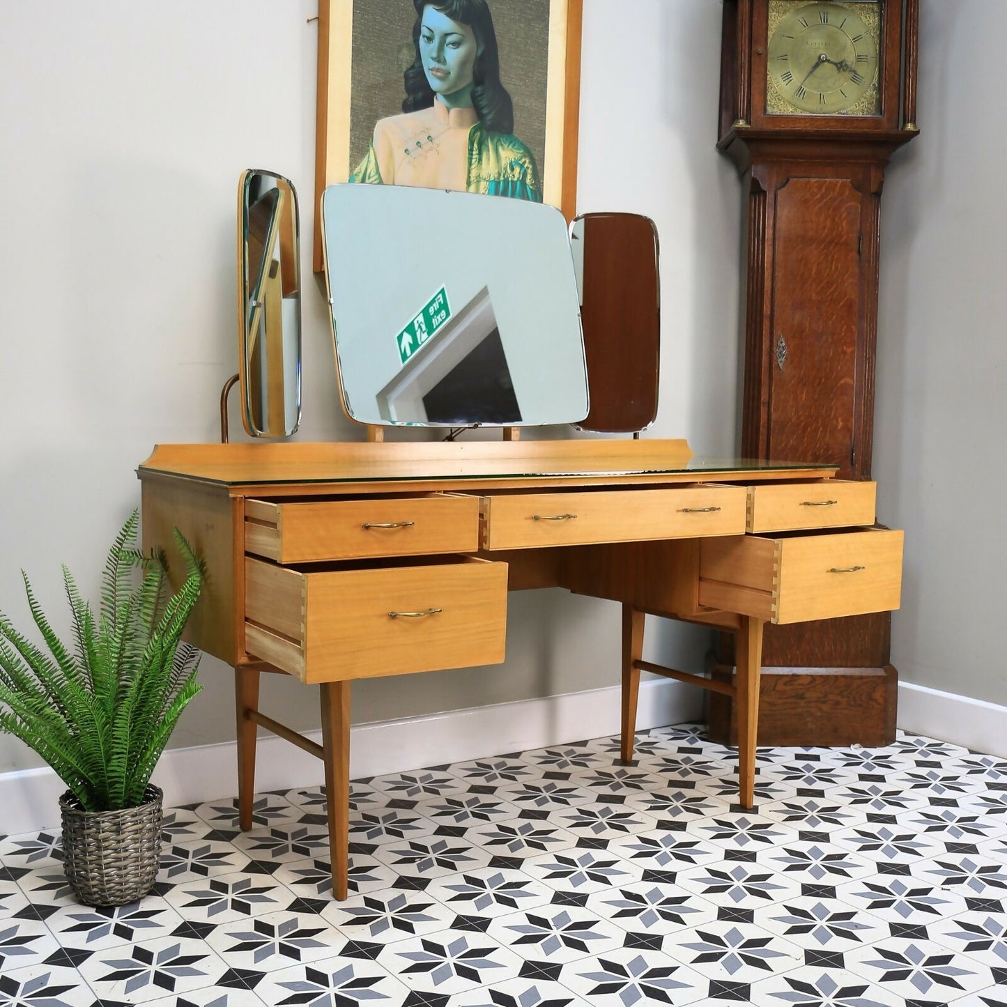 Alfred Cox Dressing Table in Walnut for Heals with Triple Mirror and Glass Top.