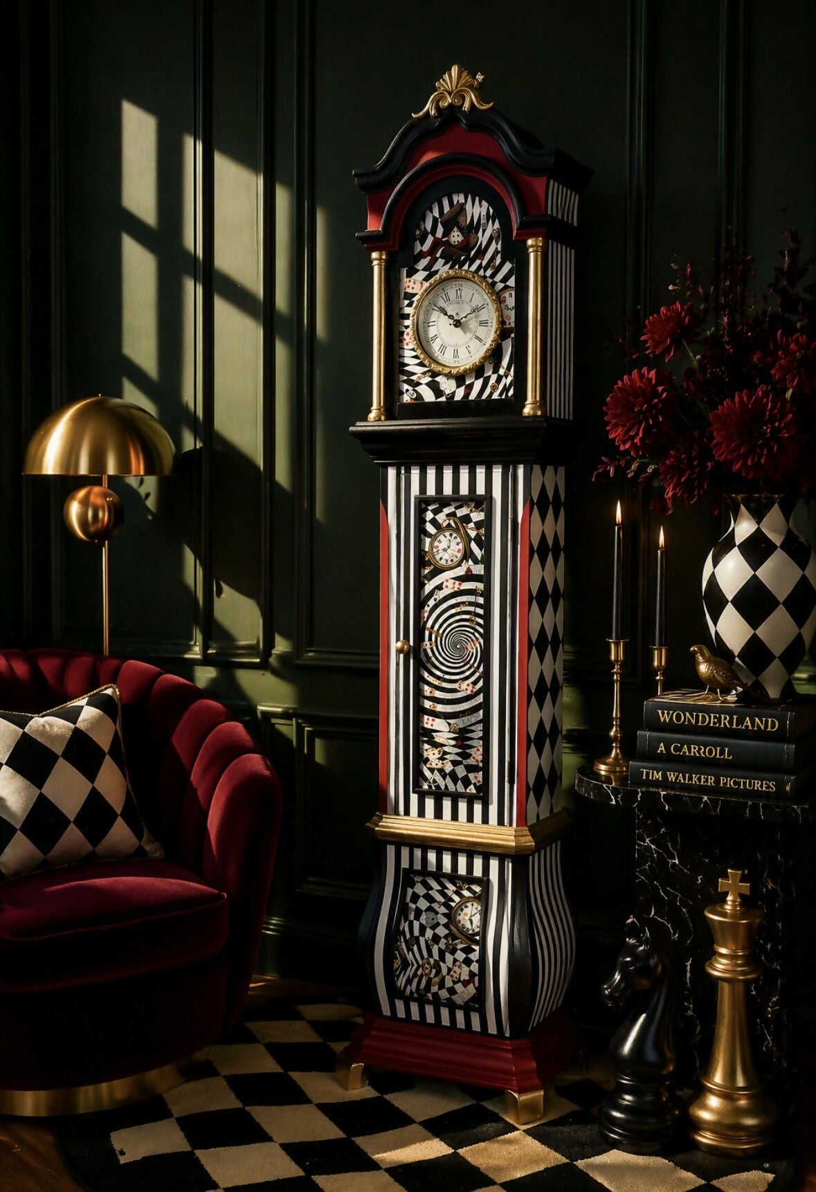 Wonderland Inspired Grandfather Clock | Whimsical Harlequin Floor | Maximalist Home Accent