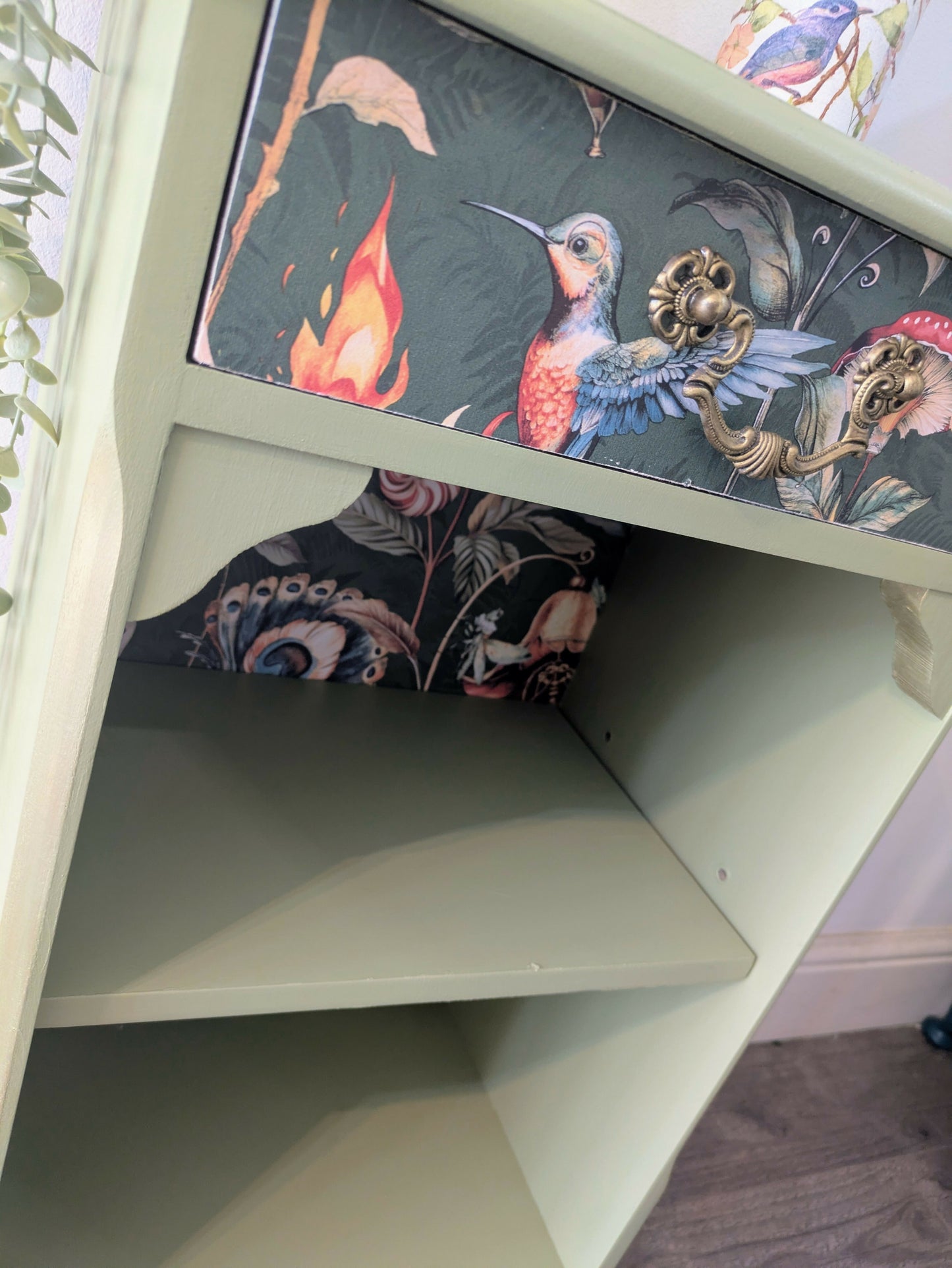 Sage Green Upcycled Cabinet – Whimsical Botanical Interior Bookcase//