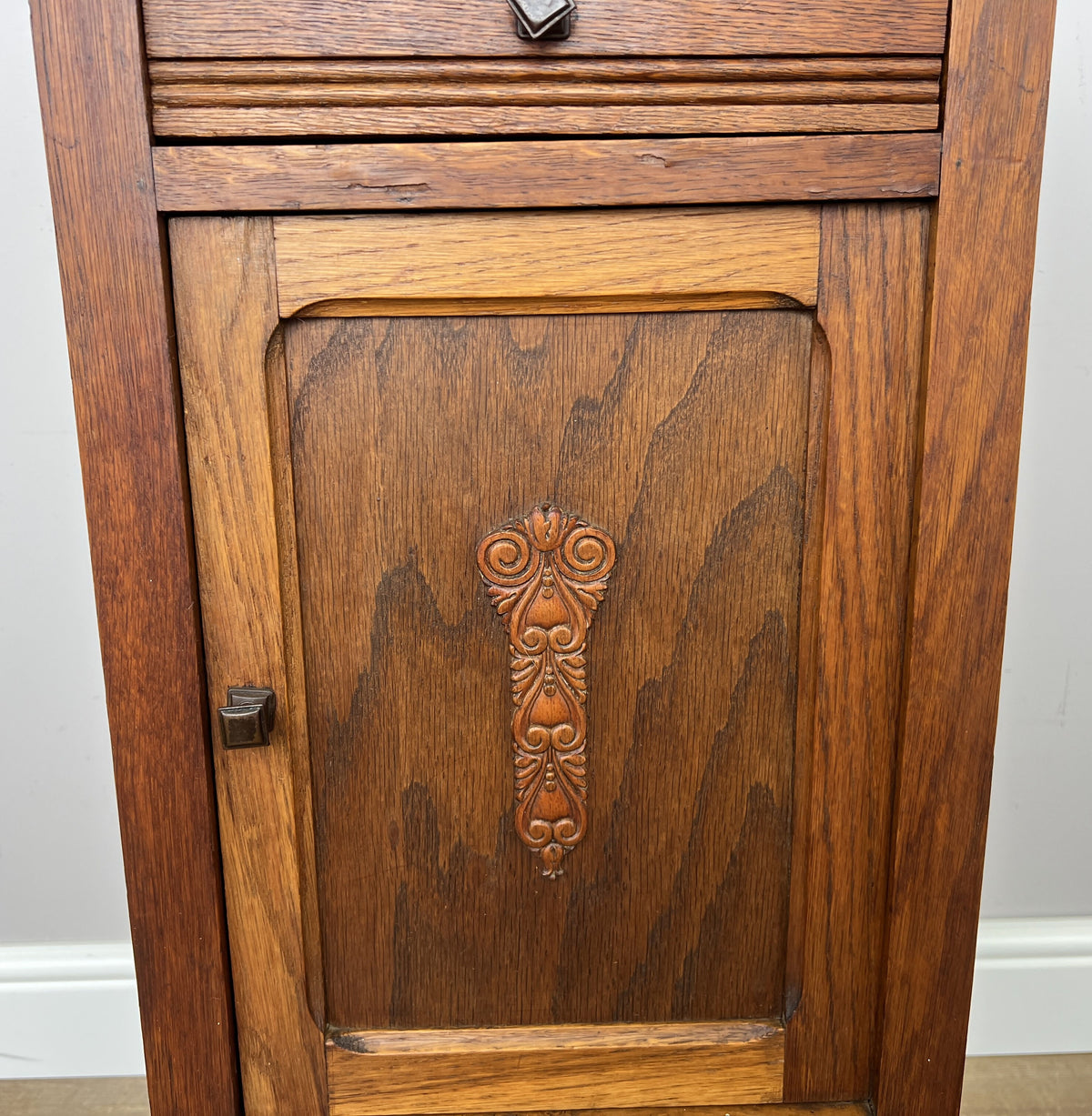 Bedside Table Antique French Style Oak Carved Marble Top Cabinet LOT 6602