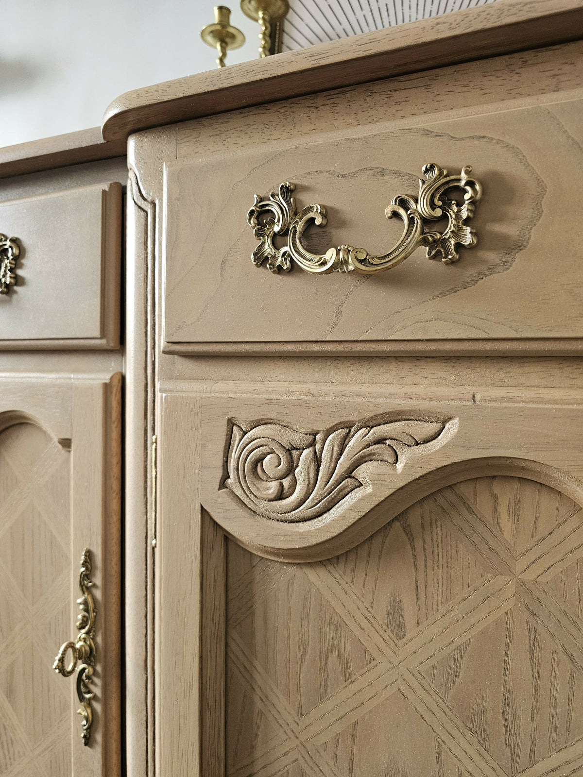 French Provincial Oak Buffet • Carved Details, Original Hardware, Satin Finish