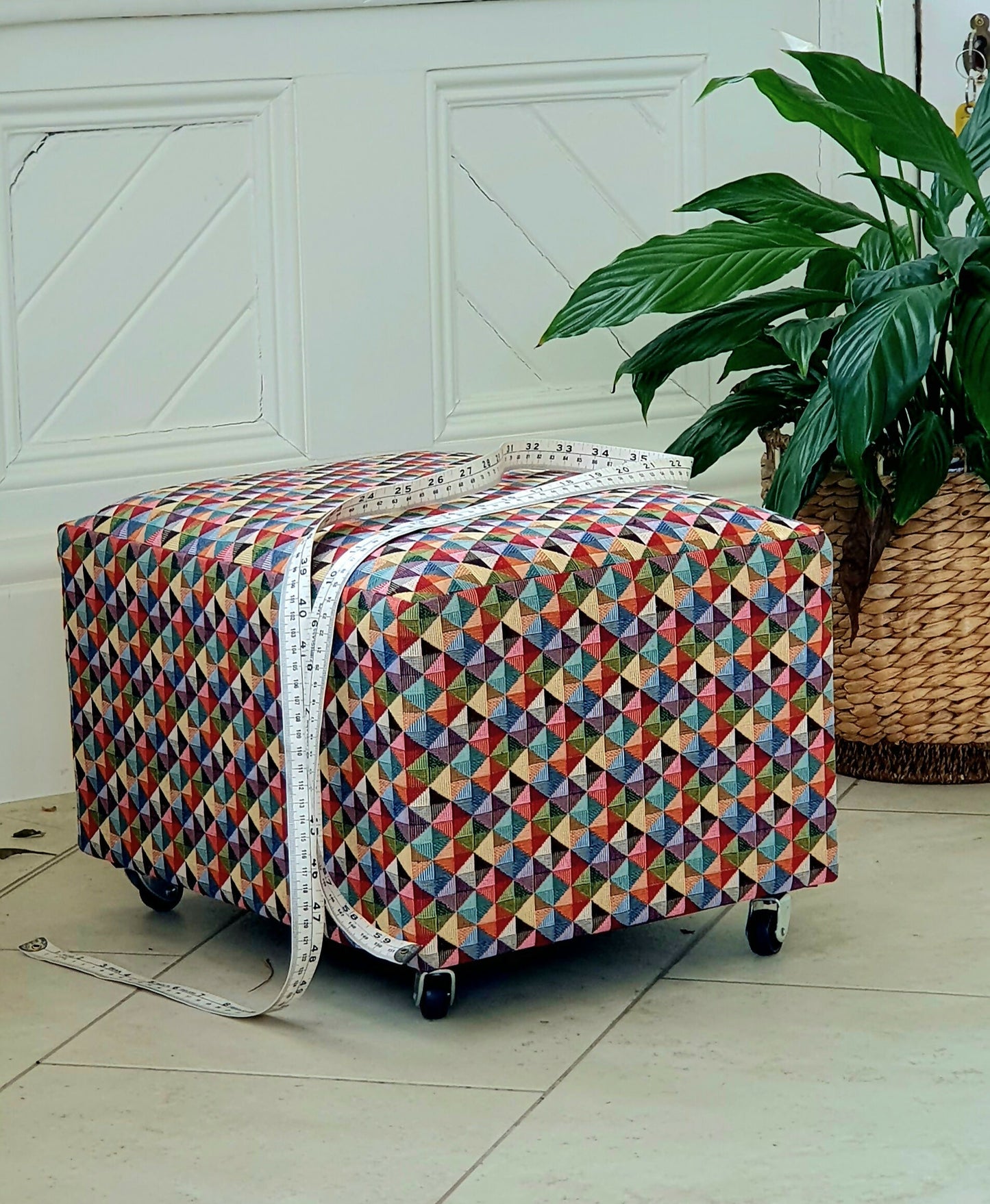 Footstool Pouffe Ottoman on castors Rescued, Restored & Reupholstered in a Modern, Geometric Fabric.