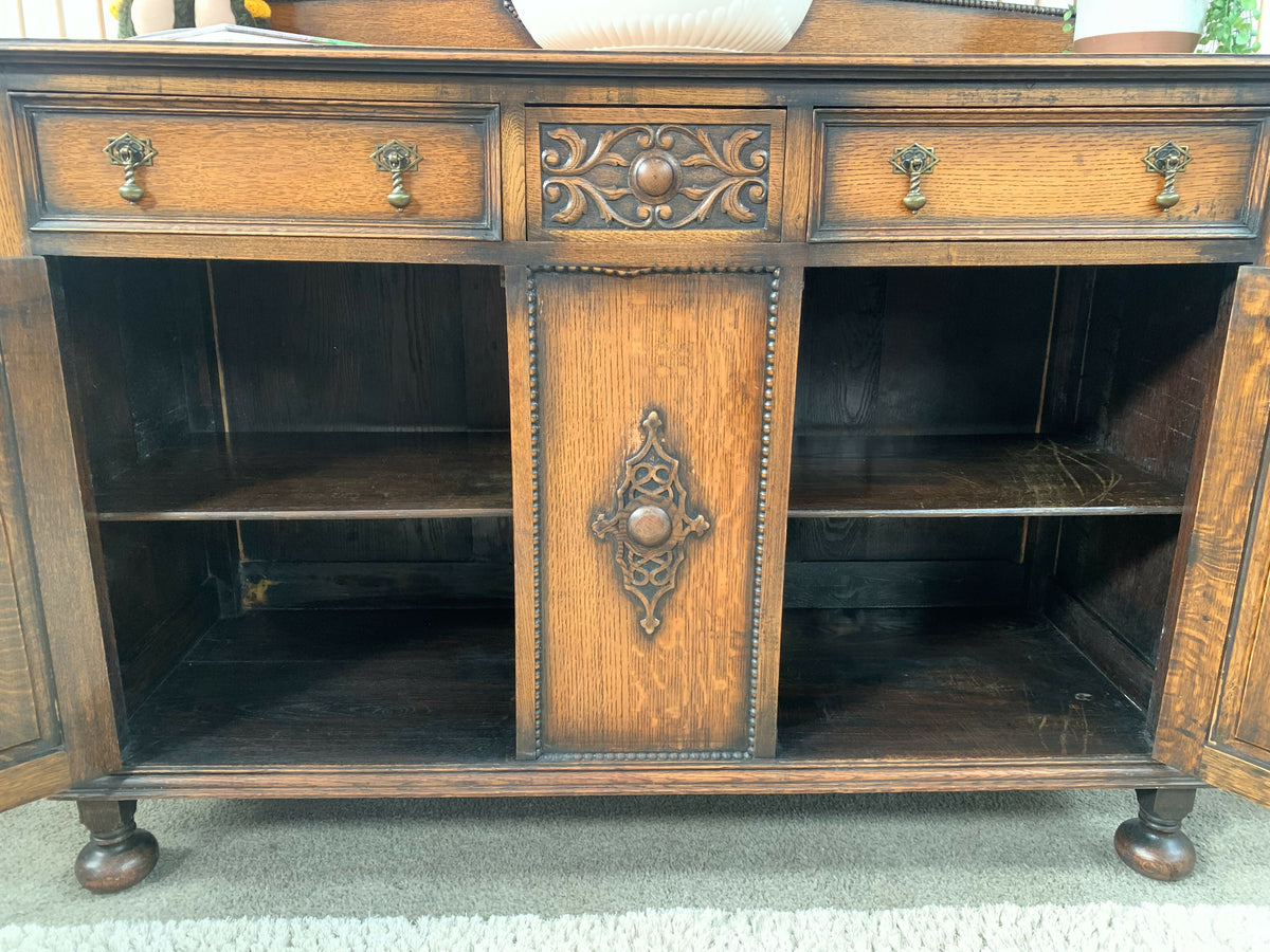 Antique 1920s Jacobean Revival Carved Oak Sideboard Geometric Buffet Cabinet