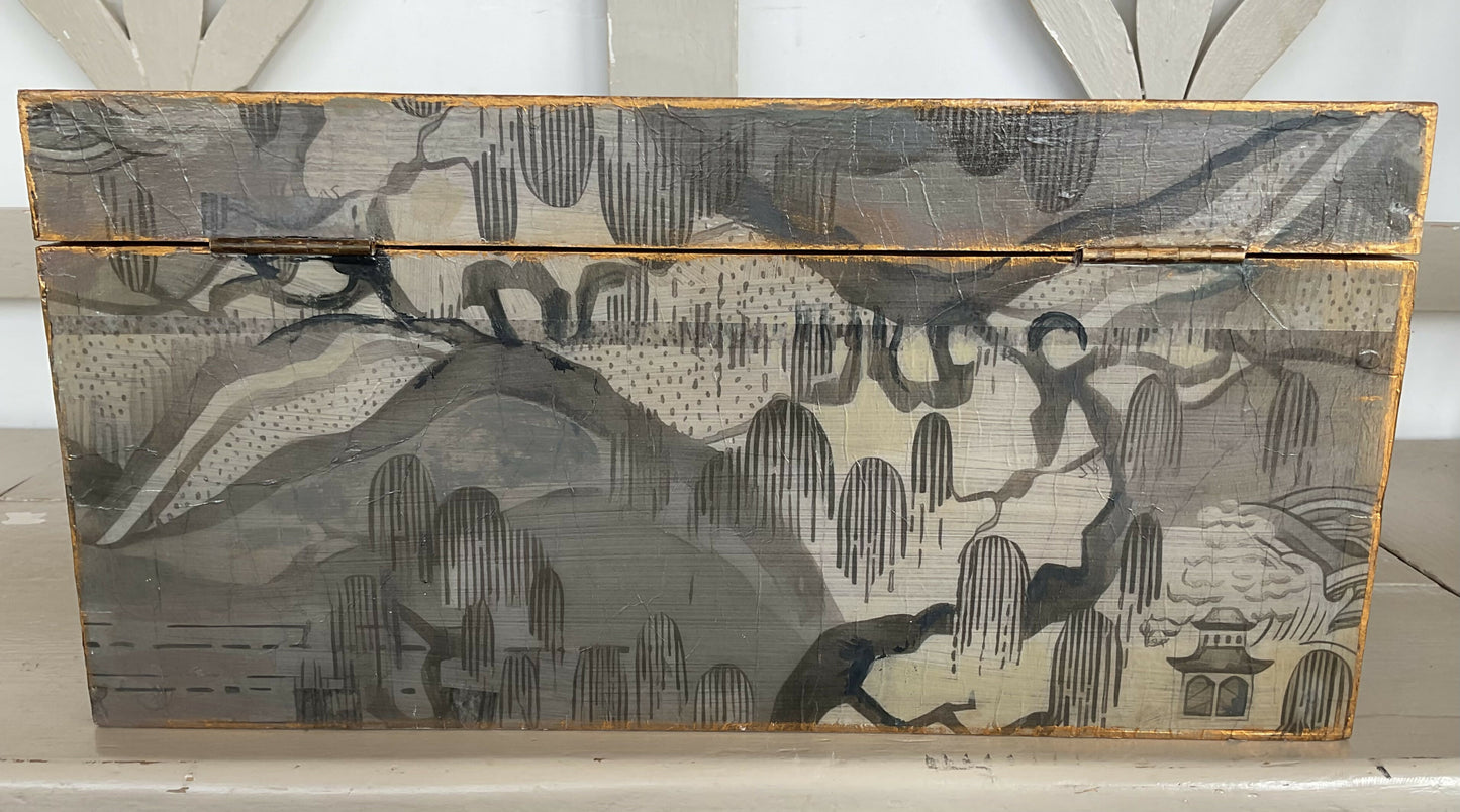 Antique Oak Chinoiserie decoupaged and hand painted large hinged Box