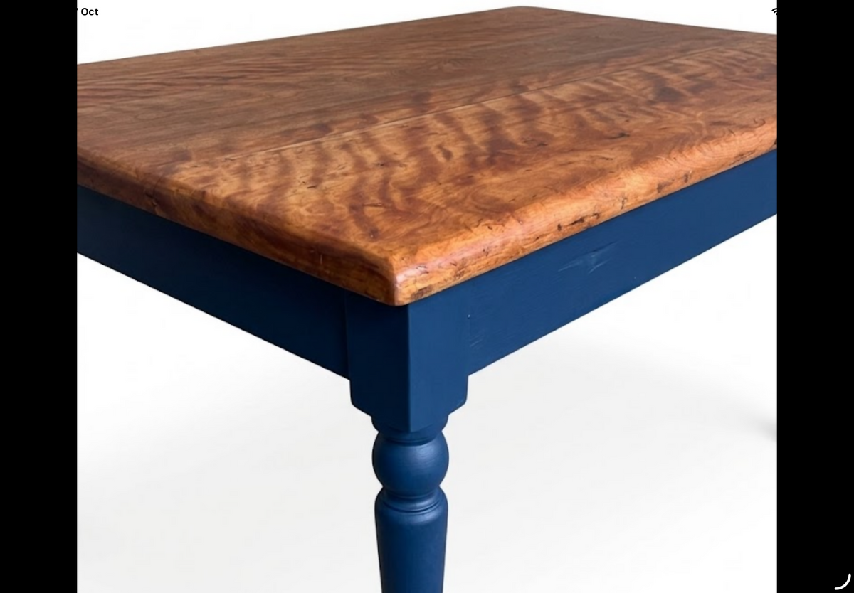 Bespoke Country Farmhouse 6-Seater Dining Table with Solid Curly Maple Top and Deep Blue Turned Legs