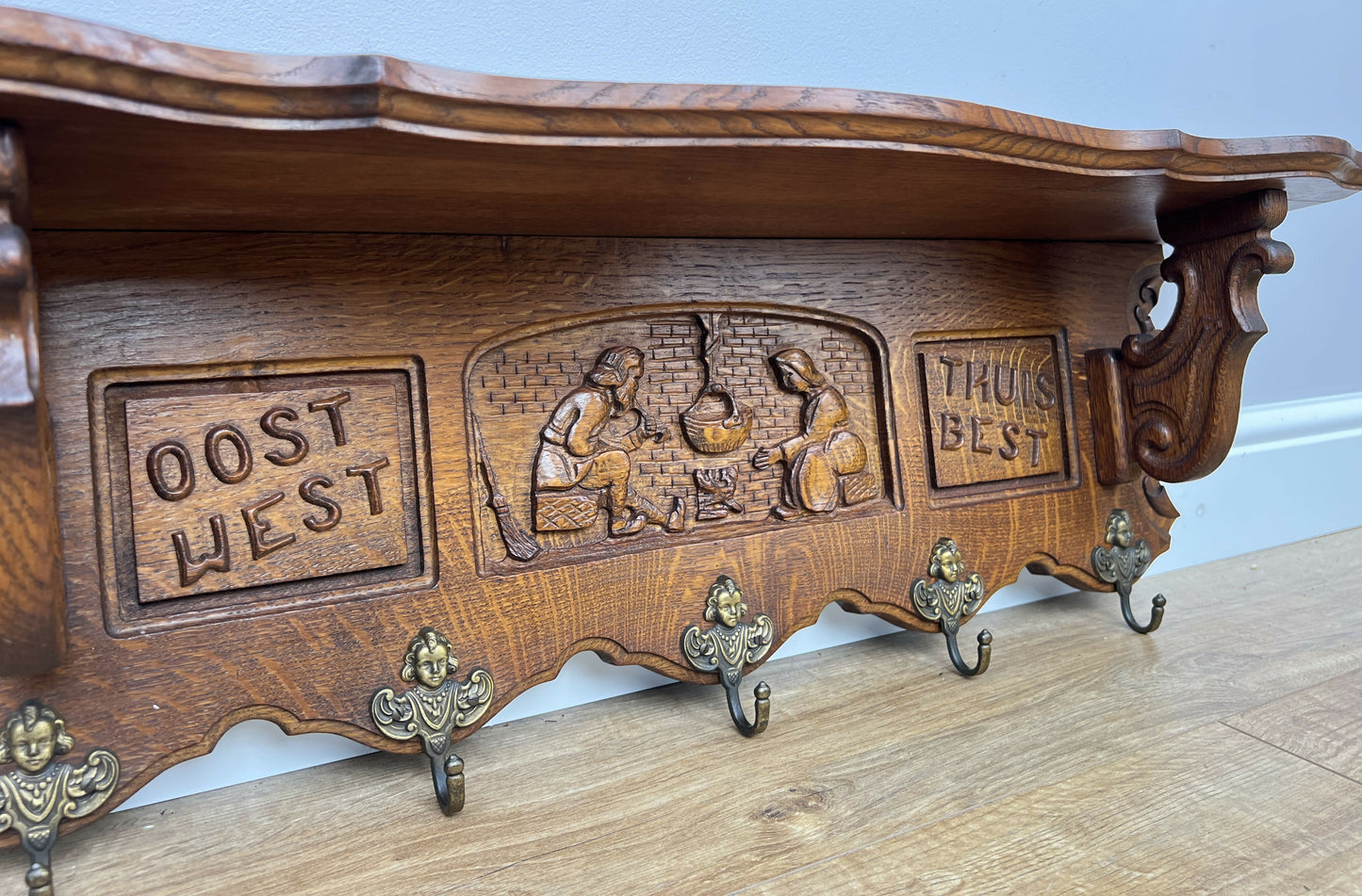 Coat Rack Vintage French Oak Wall Mounted 5 Hooks Carved Rack Hanger LOT 6303