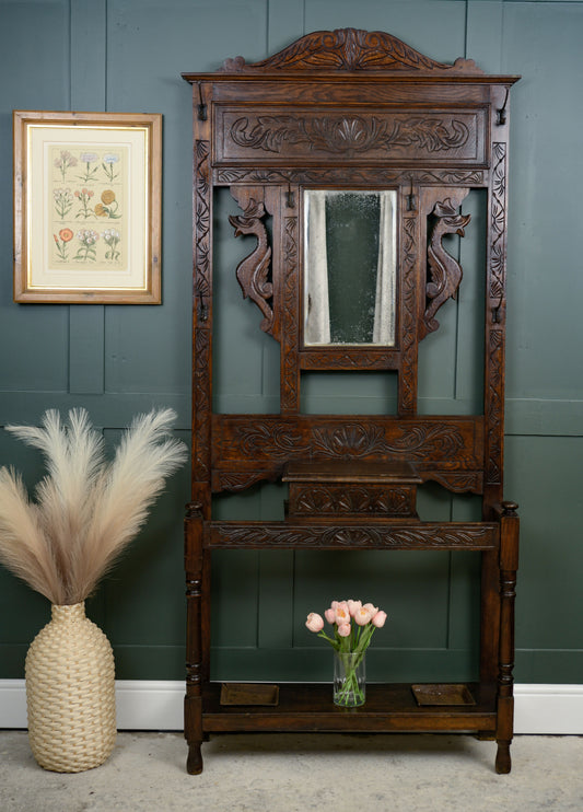 Antique Oak Hall Stand with Seahorse Carvings