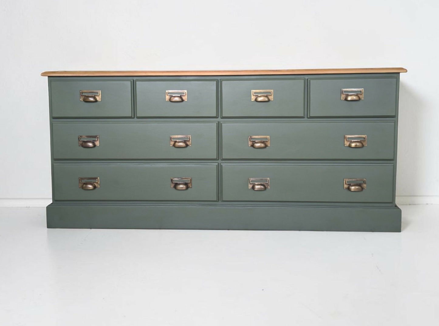 Large olive green rustic pine merchant sideboard/ chest of drawers