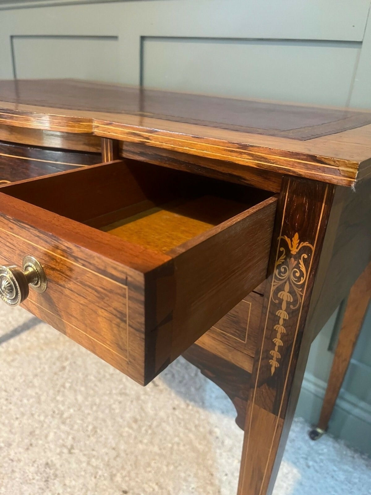 Vintage Desk /Writing Desk Red Leather Top Inlaid Rosewood Mid 1800’s