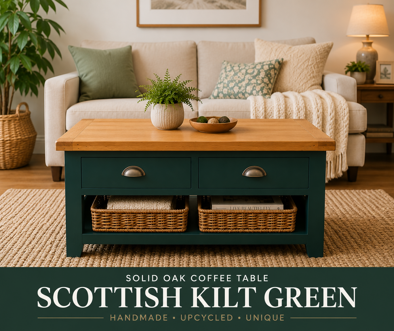 Green Coffee Table | Solid Oak Coffee Table | Hand Painted Farmhouse Coffee Table | Restored Rustic Furniture