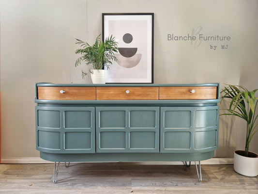 Luxurious Large Curved Sideboard, by Nathan in a Grey Blue with Steel Legs and Handles