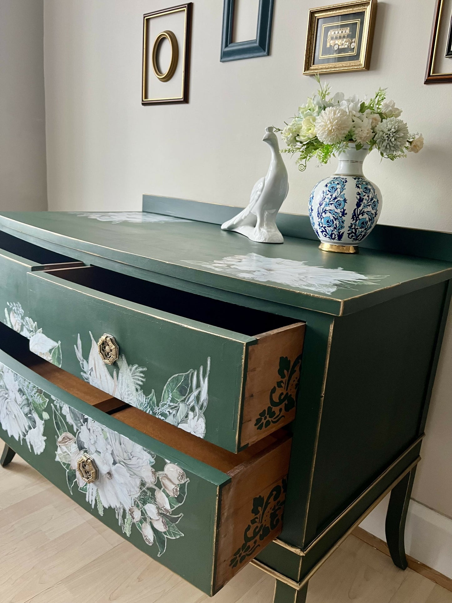 Vintage Green and Gold Chest of Drawers , Dresser