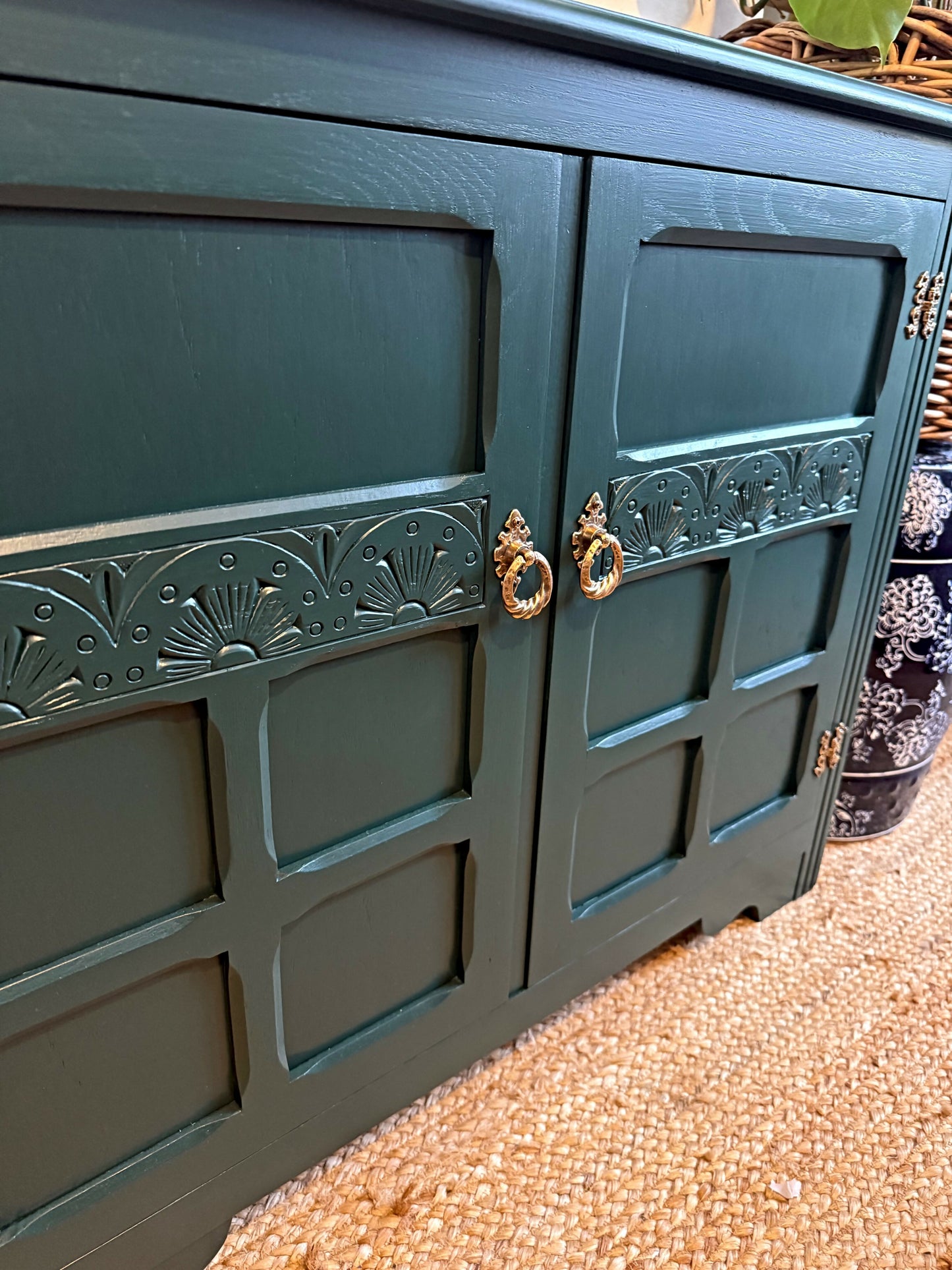 Newly refurbished small solid wood sideboard green