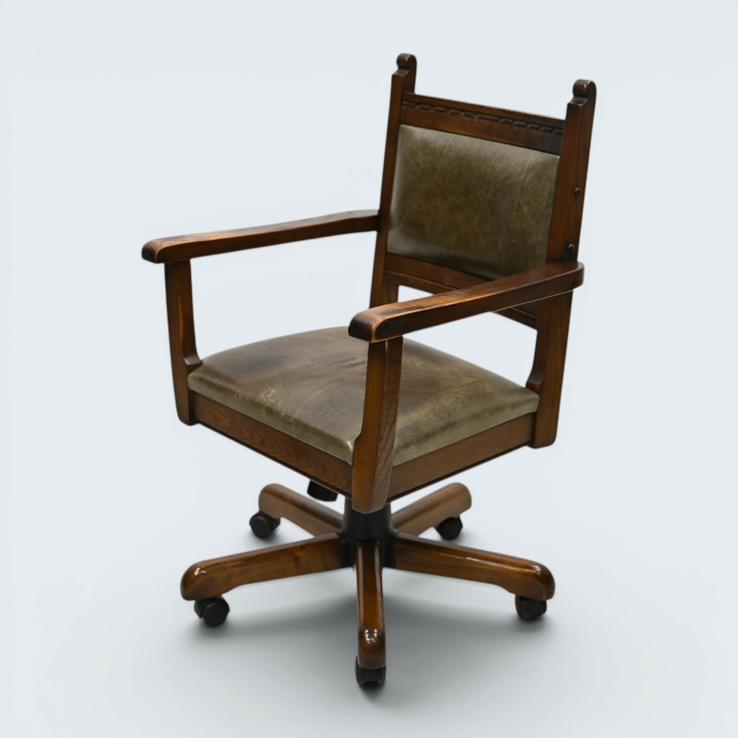 Vintage Wood Bros Old Charm Captains Office Chair Green Hide Leather Swivel Tilt