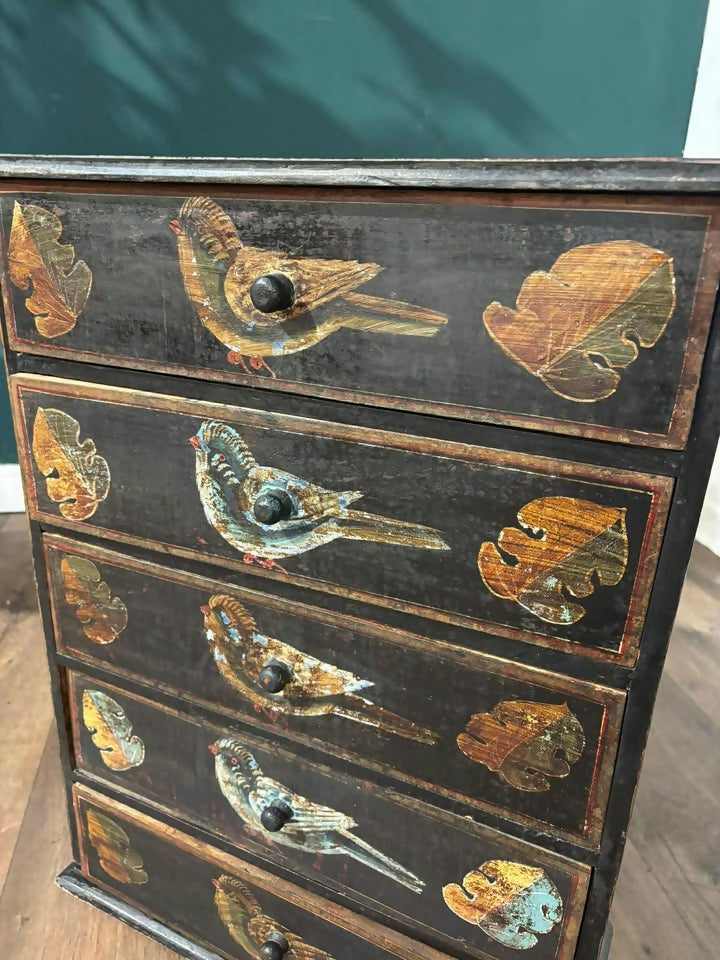 Vintage Oriental Style Five Drawer Chest Decorated with Birdsvb