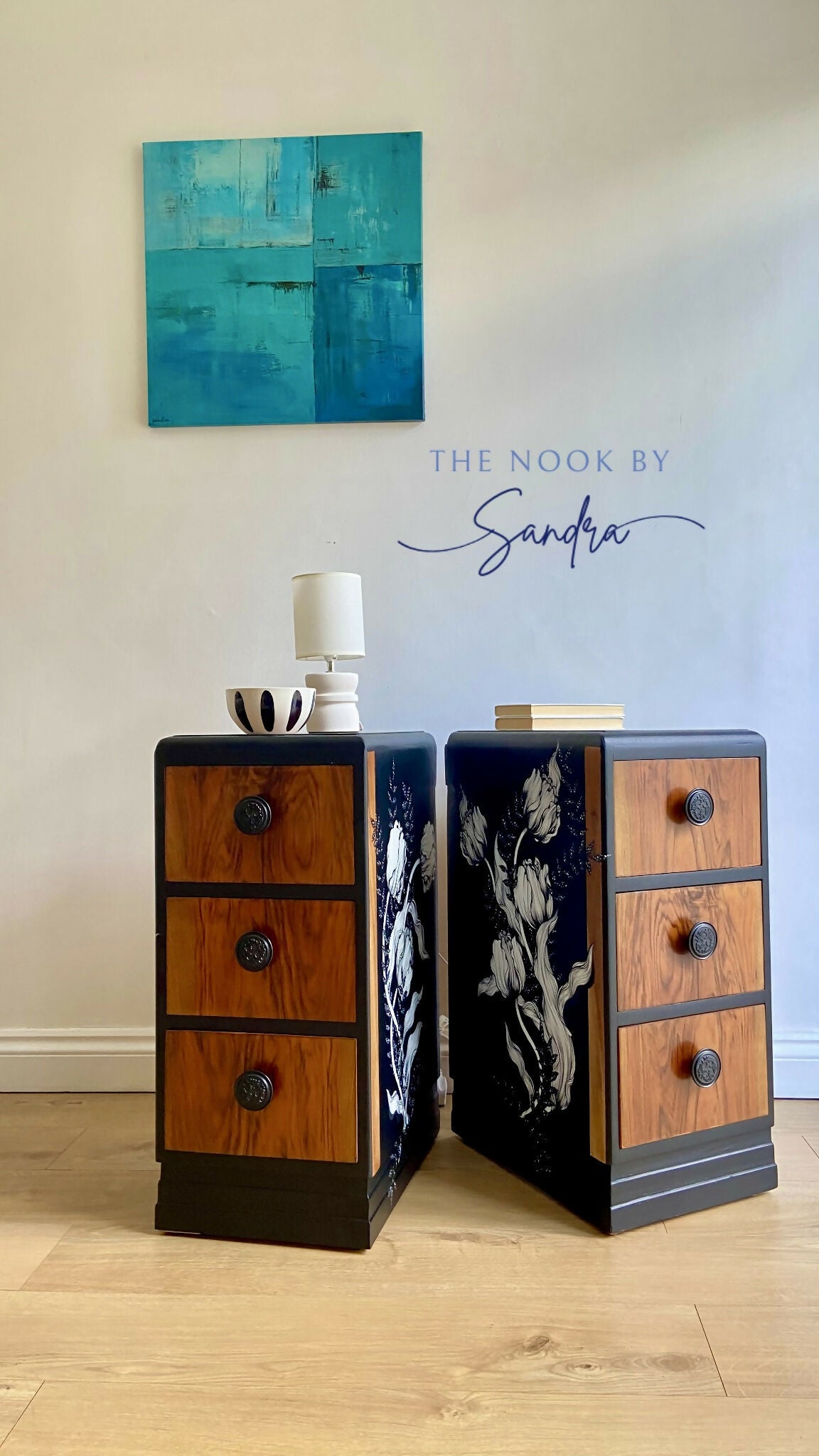 Upcycled Nightstands Set -Rustic Wood &Black | 3 Drawers Bedside Cabinets