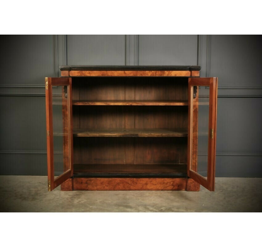 Vintage Victorian Glazed Figured Walnut Bookcase Display Cabinet