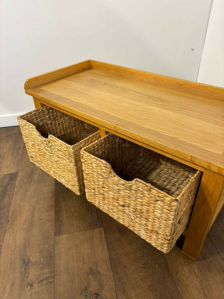 Modern Oak Storage Bench With Two Wicker Drawers
