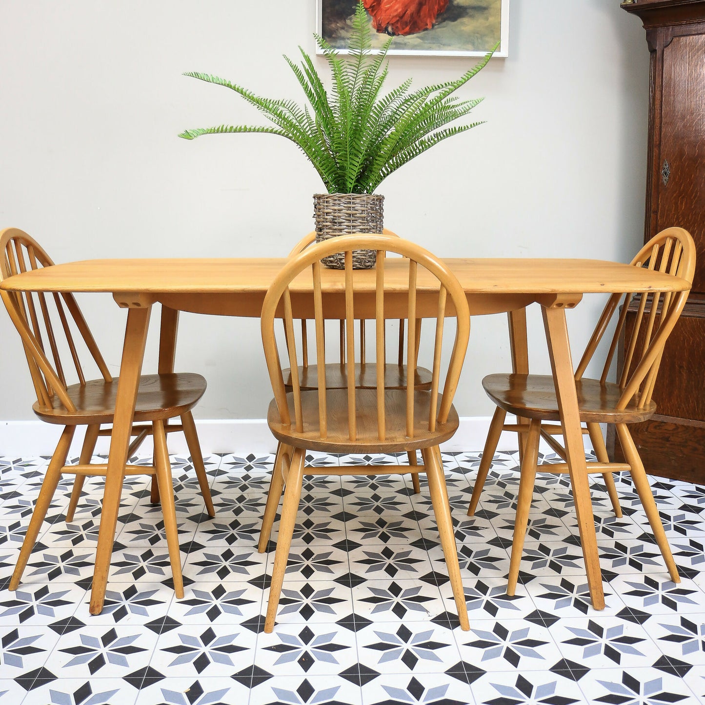 Four Ercol Windsor 370 Dining Chairs with 382 Elm Plank Dining Table
