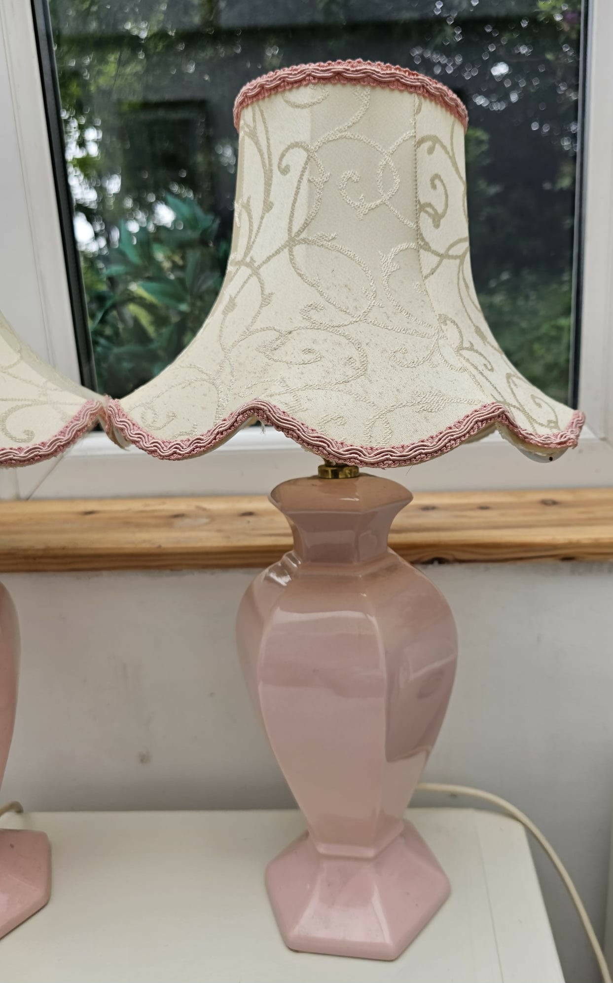 Vintage St Michael hexagonal ceramic ginger jar table lamps in pastel pink