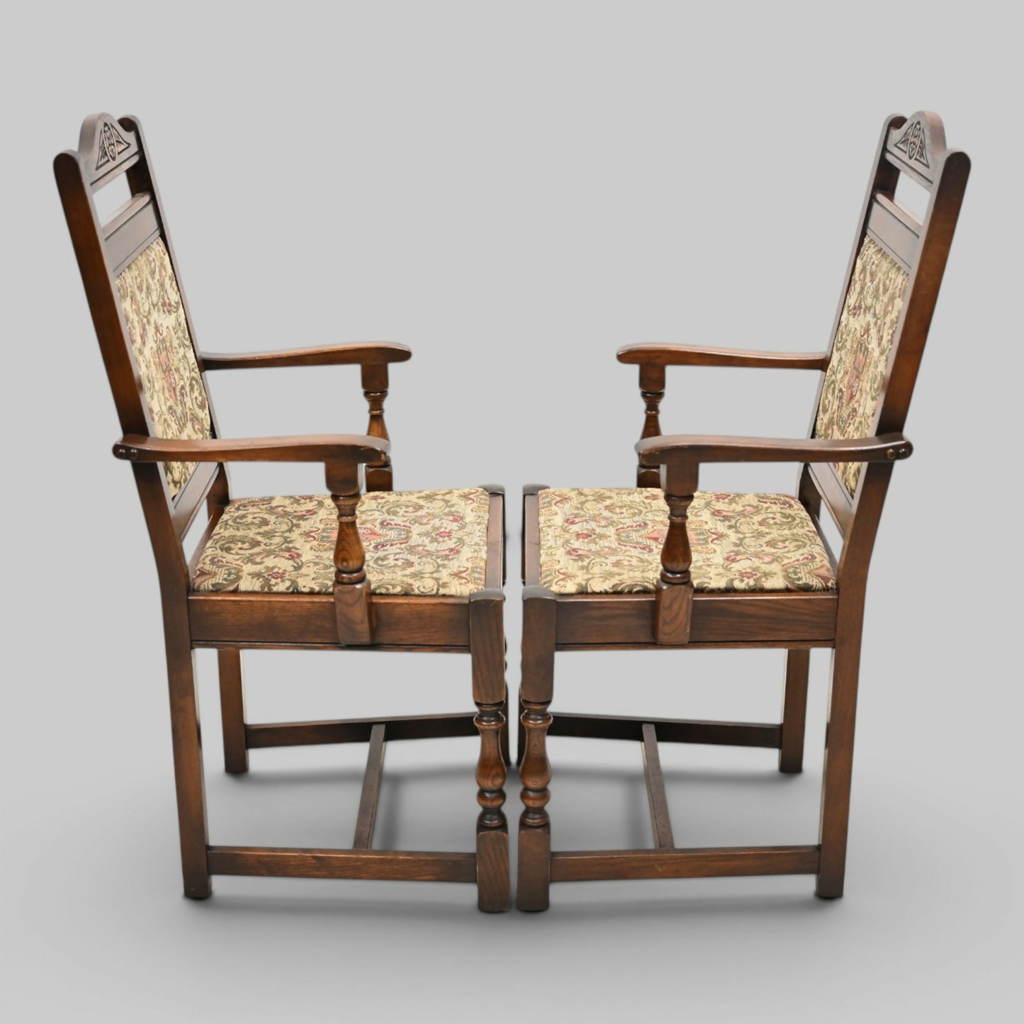 2 Old Charm Dining Chairs Carvers Light Oak Finish Tudor Fabric FREE UK Delivery