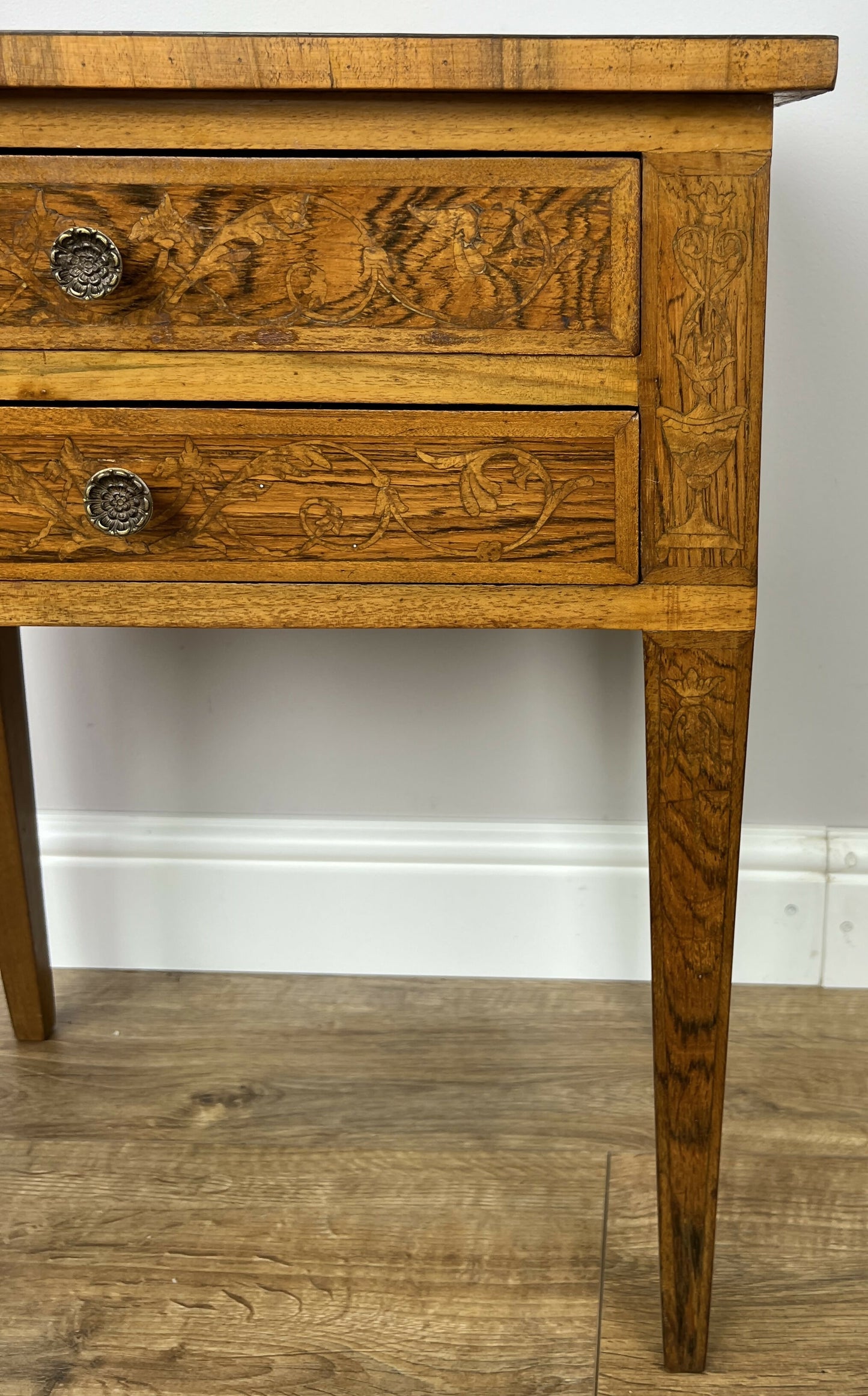 Bedside Table Vintage French Style Inlaid Burr Cabinet Carved Cupboard LOT 6289