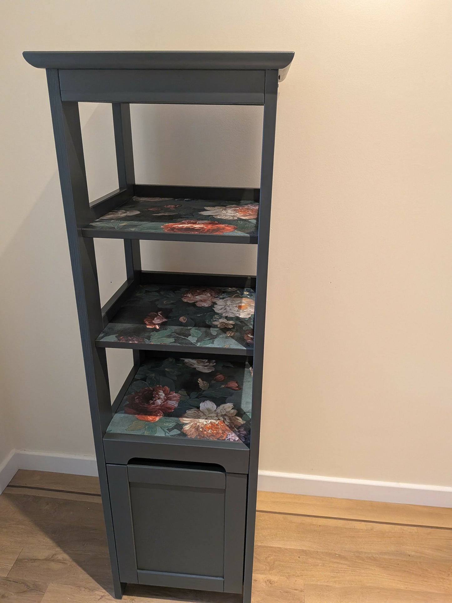 Dark green tall shelves and storage