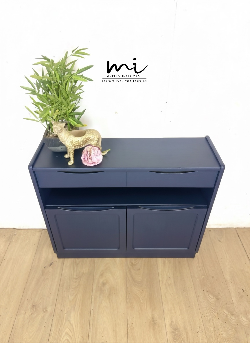 Navy Blue Nathan slim sideboard, retro hallway table, teak console, vintage, narrow, small drinks cabinet