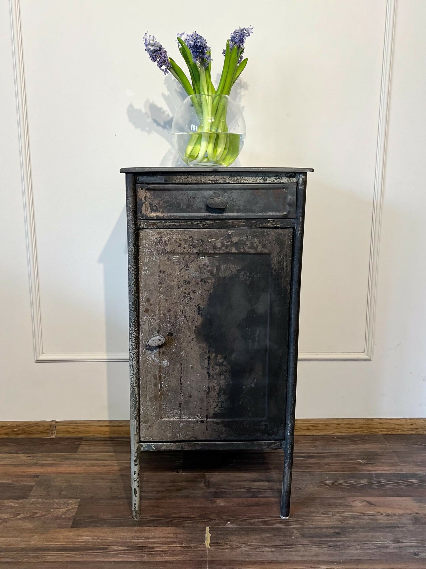 Vintage Industrial Metal Cabinet – French Steel Locker Nightstand – Military Storage Side Table – Loft Bedside Cabinet Rustic Furniture