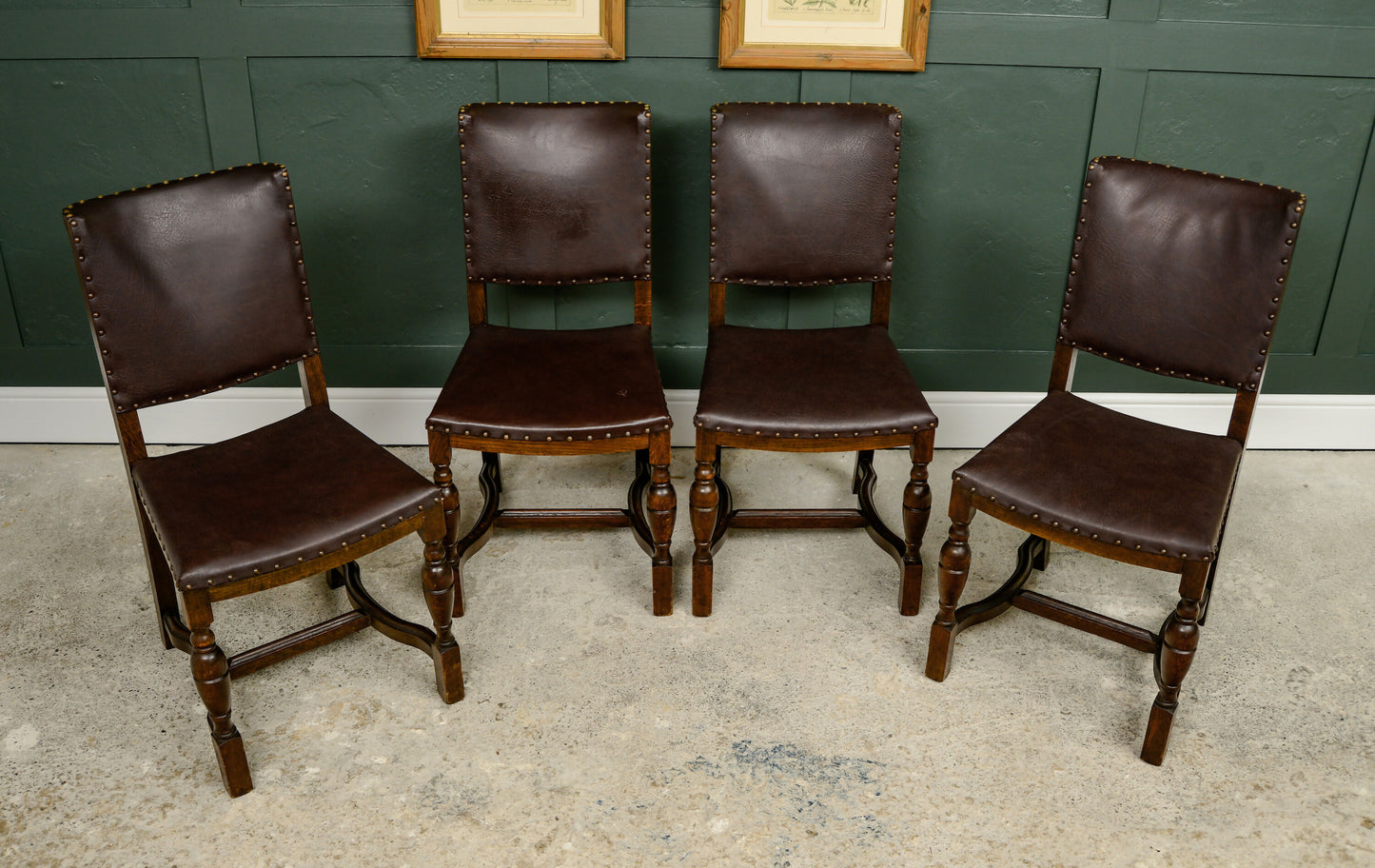 4 Oak Dining Chairs -Tudor Cromwellian Style - Burgundy Leatherette