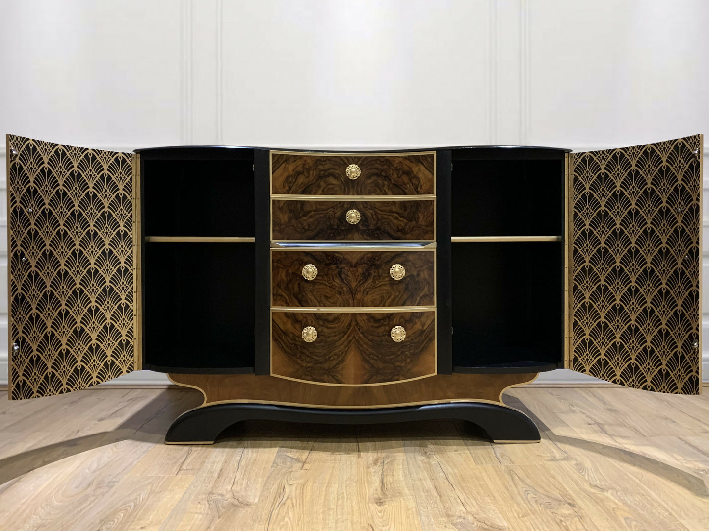 Large Art Deco Walnut and Gold Sideboard / Drinks Cabinet