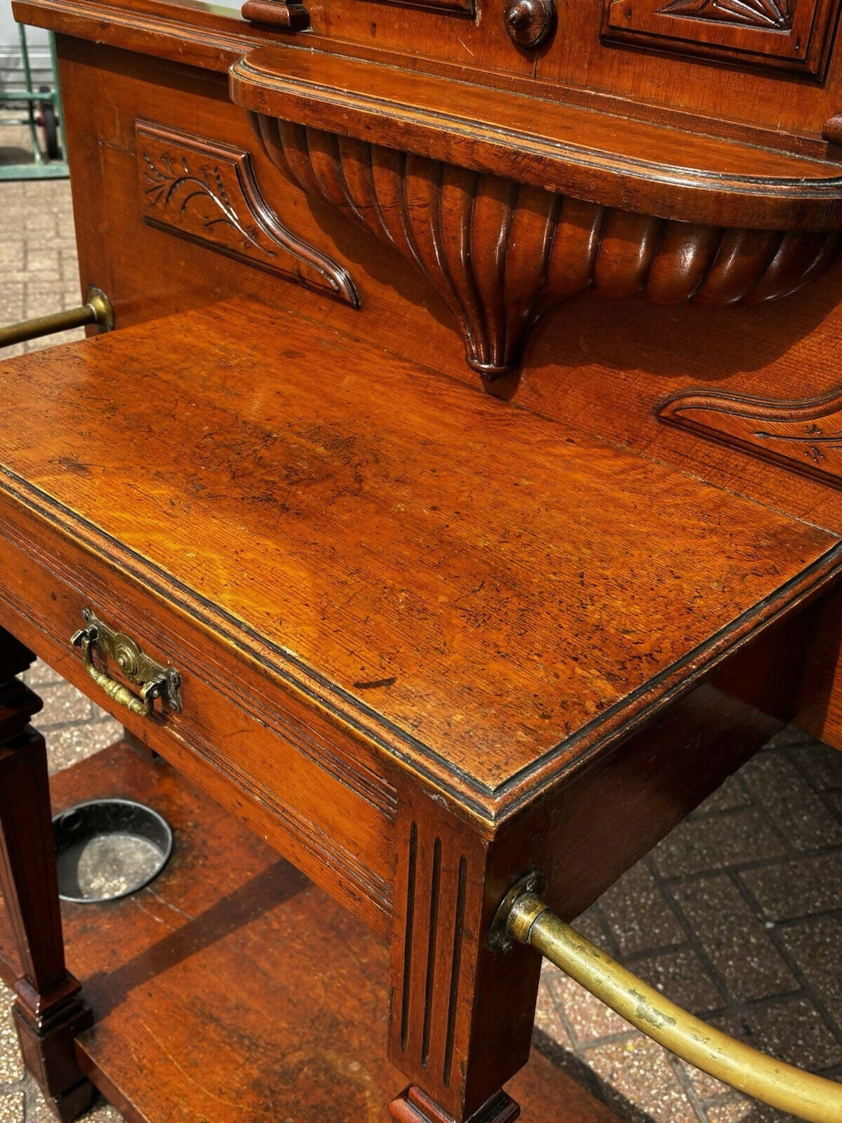 Edwardian Vintage Light Oak Hall Stand With Mirror, Drawer, Original Coat & Hat Hooks.