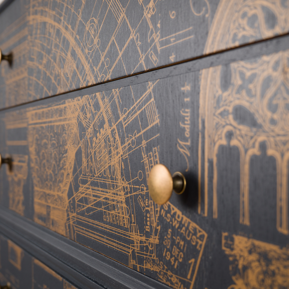 Meredew Chest of Drawers | Mid Century Modern Architectural Blueprint Tallboy Storage