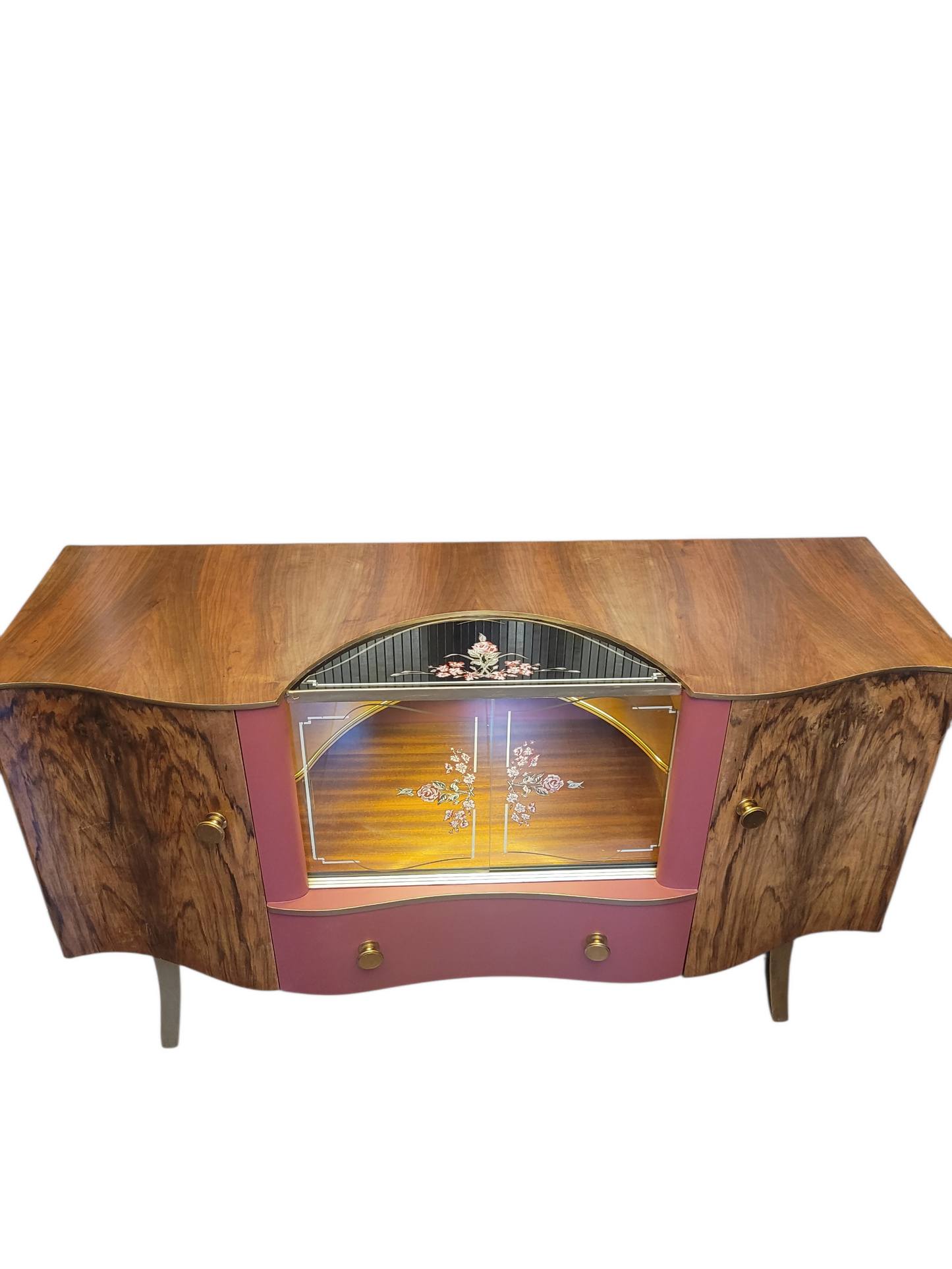 Mid Century Walnut Cocktail Cabinet/ Sideboard. Glass fronted floral vintage sideboard