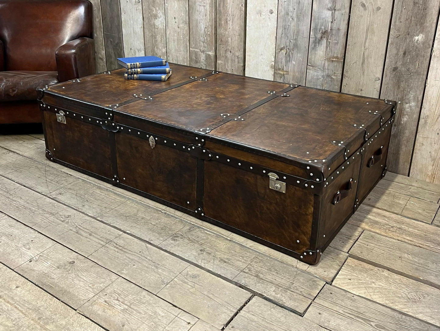 Handmade English luxury large Vintage leather coffee table - hand dyed storage trunk