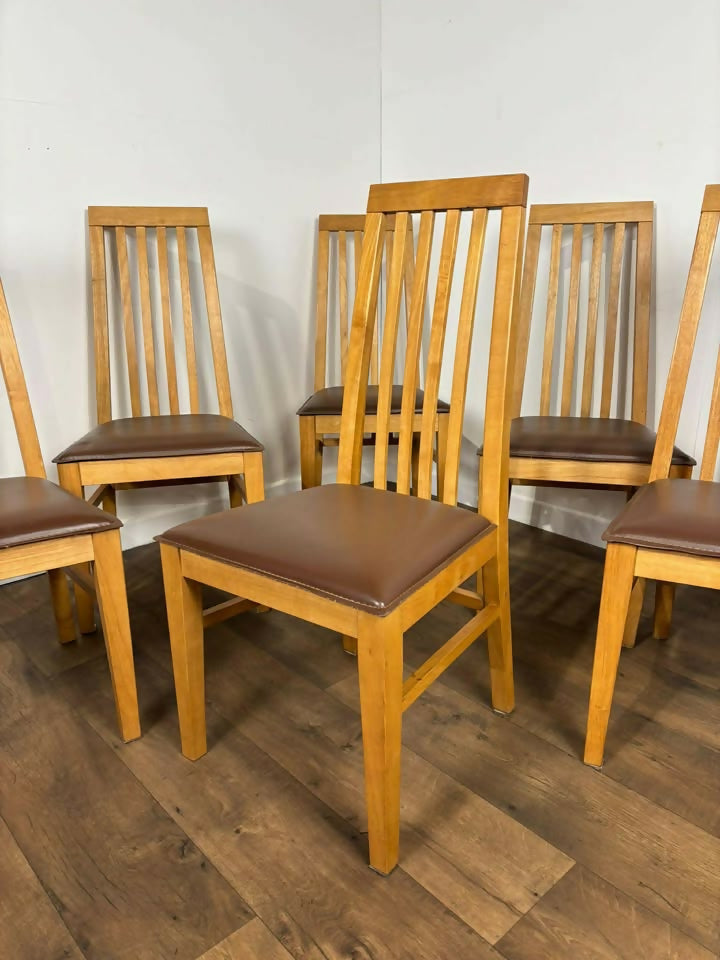 Set Of Six Modern High Back Oak Dining Chairs