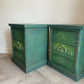 Vintage pine pair of bedside drawers, hand painted green and gold