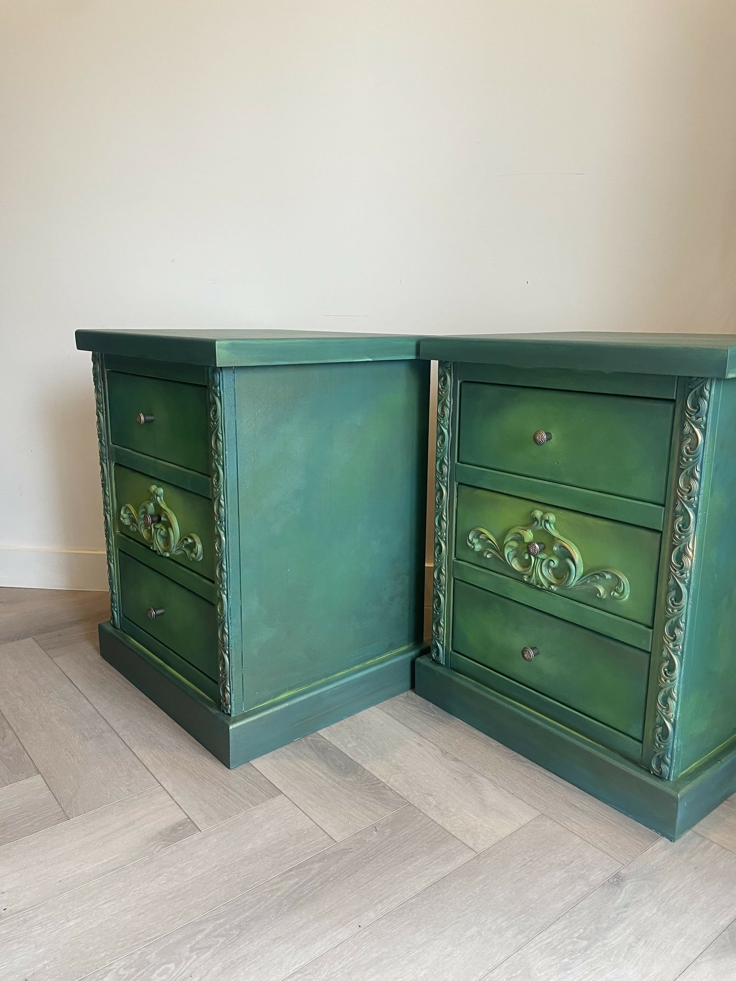 Vintage pine pair of bedside drawers, hand painted green and gold
