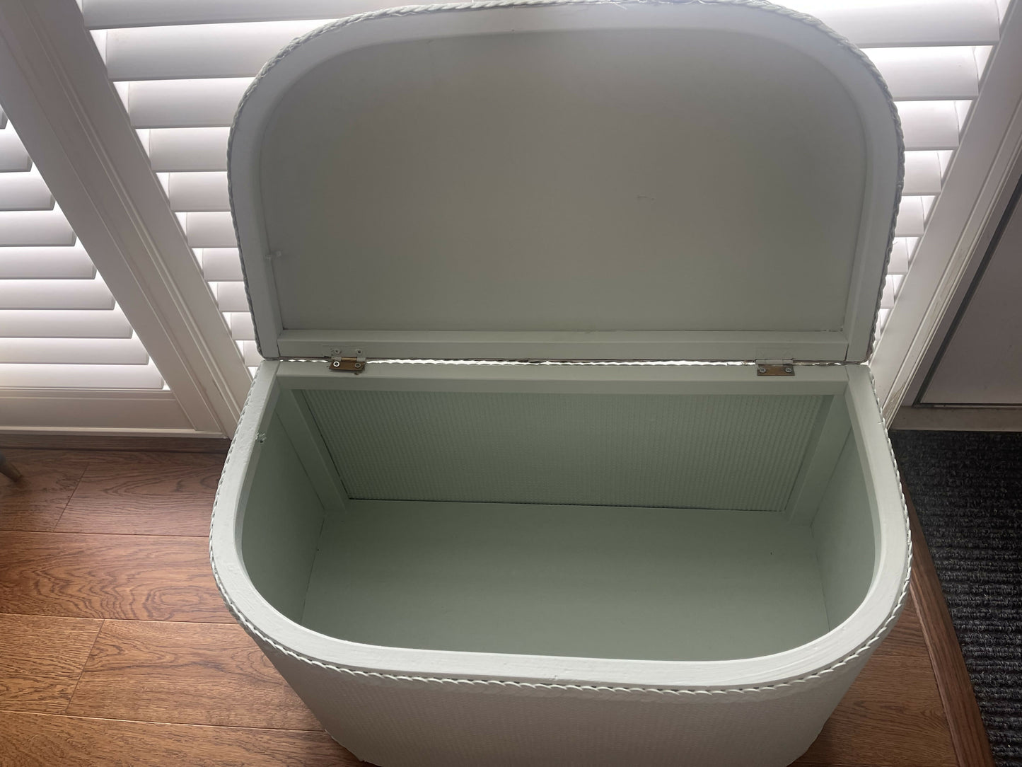 Midsize lovingly repainted and reupholstered mid century Ottoman. Light green paint and updated material.