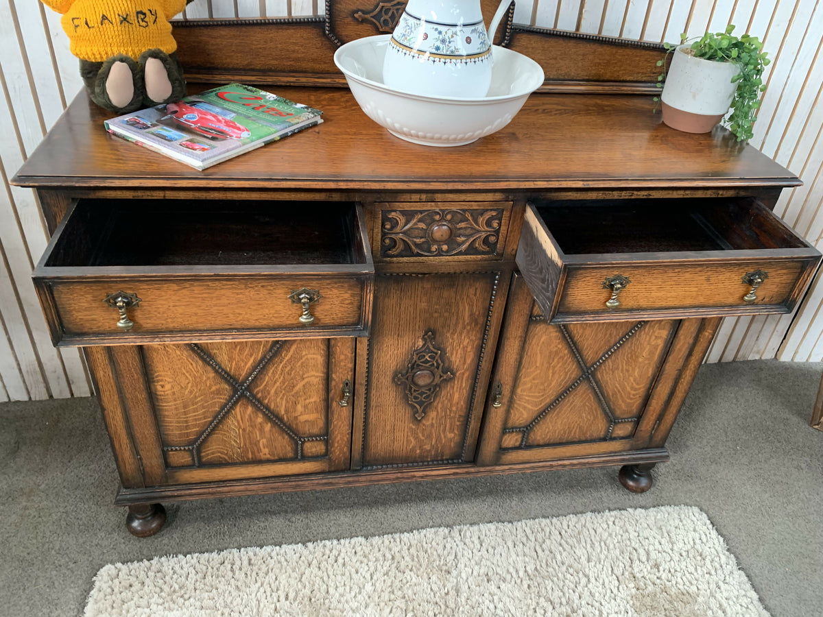 Antique 1920s Jacobean Revival Carved Oak Sideboard Geometric Buffet Cabinet