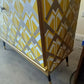 Mid century Upcycled Sideboard: Geometric Yellow Gold Print TV Unit Commission Piece.