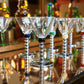 Six Art Deco Cocktail Martini Glasses on Chrome Stems with Coloured Accent Ball