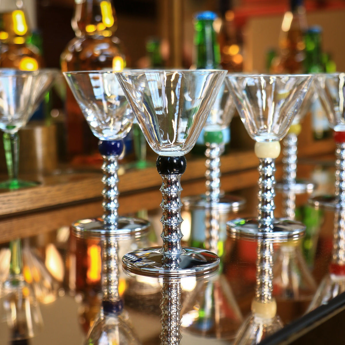 Six Art Deco Cocktail Martini Glasses on Chrome Stems with Coloured Accent Ball