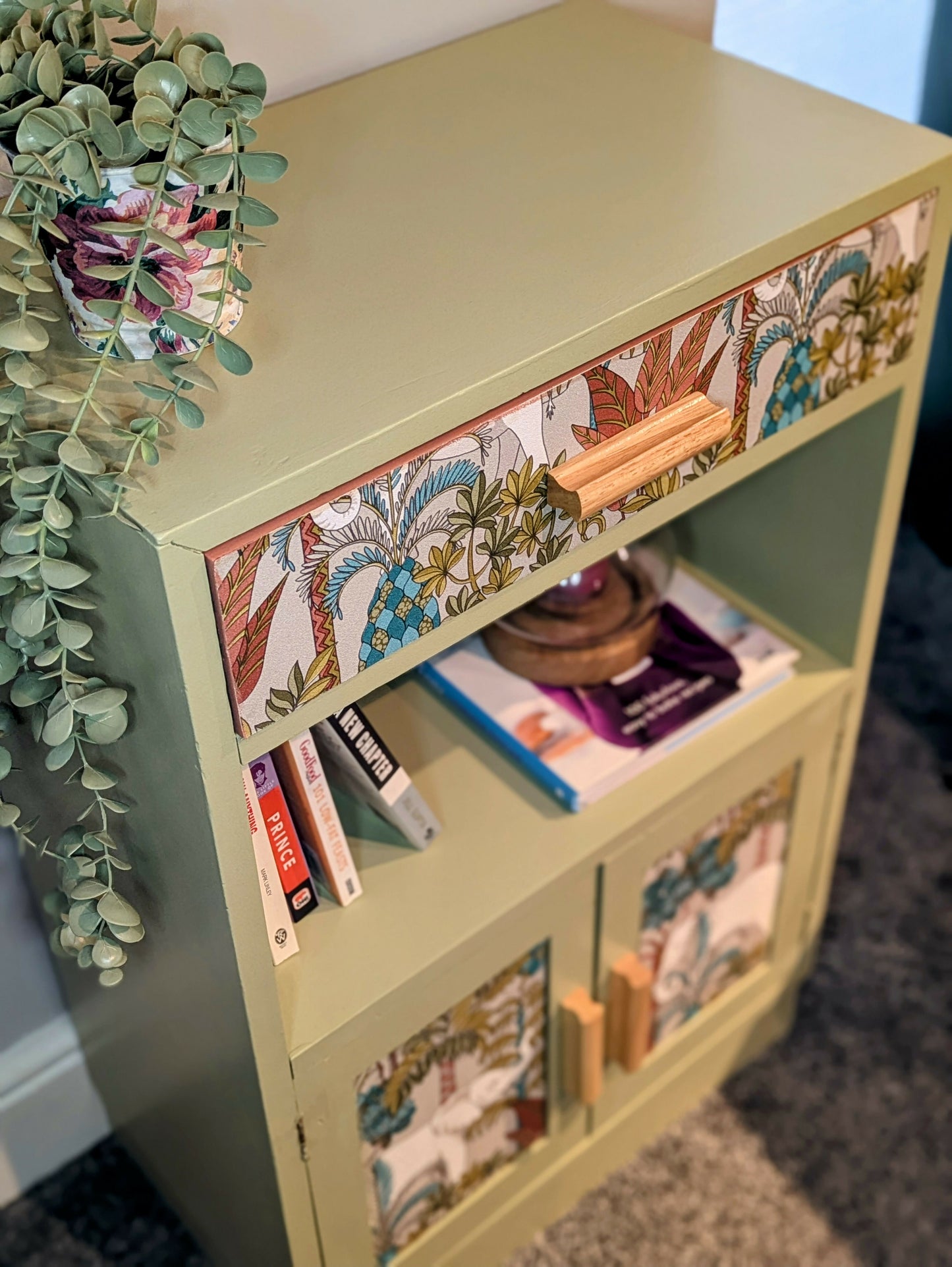 Botanical Boho Cabinet – Hand-Finished Storage with Tropical Wallpaper Panels