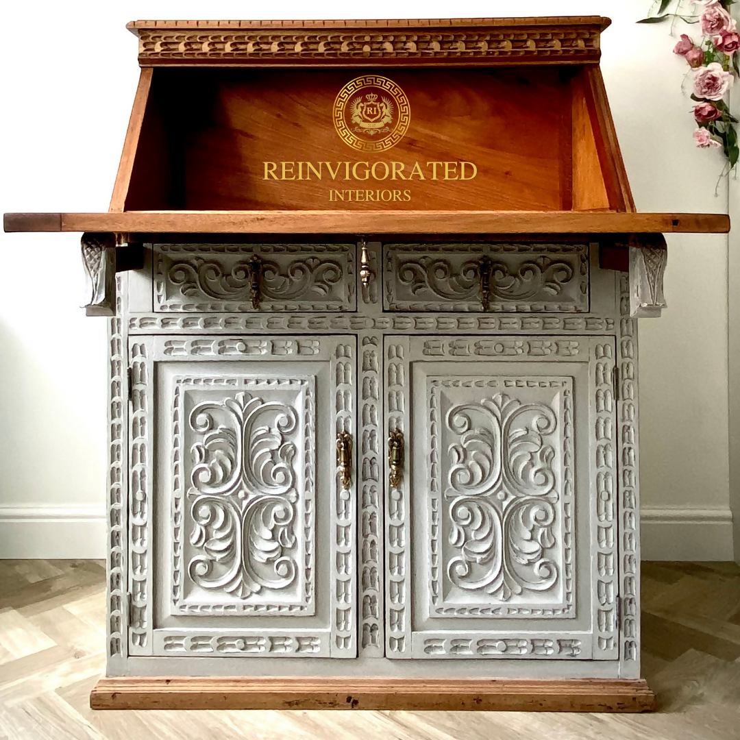 Antique Oak Carved Writing Desk Bureau Ornate