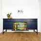 Refinished mid century Nathan sideboard drinks cabinet, navy blue with art deco chinoiserie inspired design, gold, cocktail, tv media unit