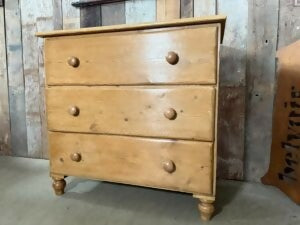 Antique Mid Victorian Pine Three Drawer Chest of Drawers Dresser, c 1860