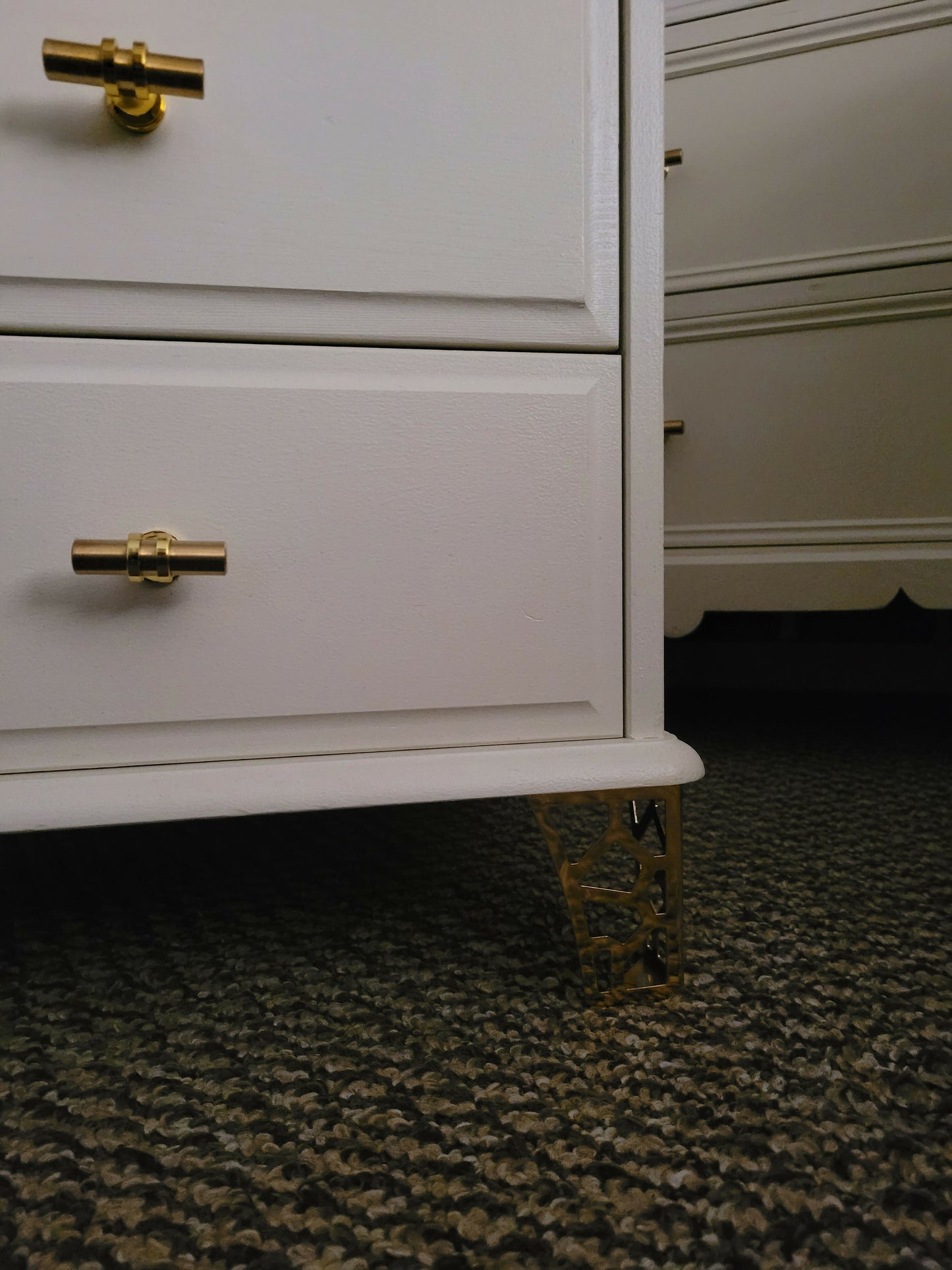 White/Cream and gold vintage bedroom set. Upcycled chest of drawers and bedside tables